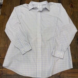 Brooks Brothers 1818 Regent Dress Shirt 17.5 34/35 Blue Tan Plaid NonIron Cotton